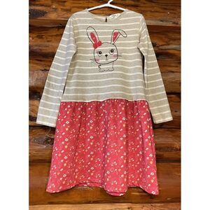 Beebay‎ Rabbit Dress Grey Striped W/Pink Floral Size 8 Years